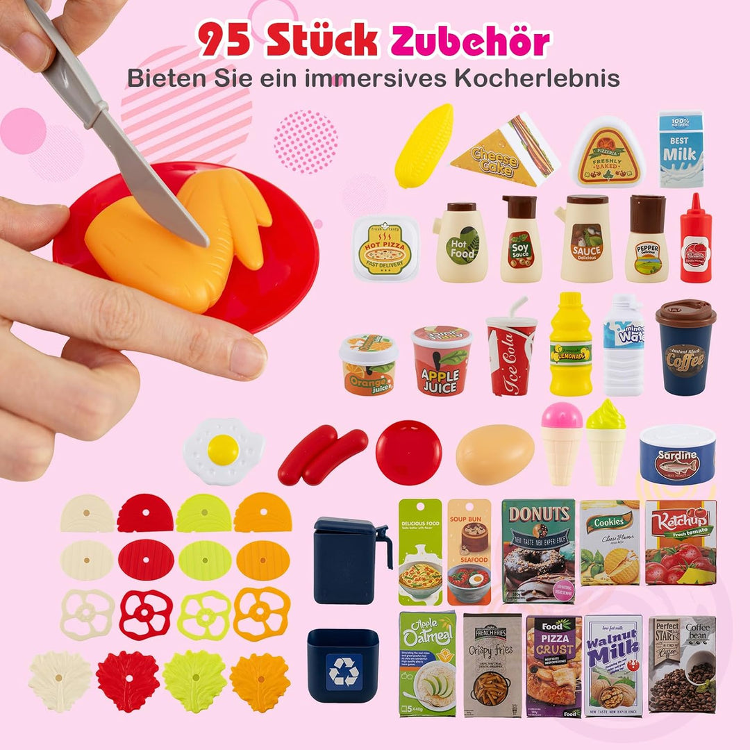 COSTWAY Kinderküche mit 95 Zubehör, Spielküche mit Licht, Sound & Dampf, Kinder Küche mit Kochherd,
