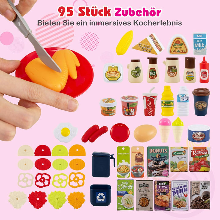 COSTWAY Kinderküche mit 95 Zubehör, Spielküche mit Licht, Sound & Dampf, Kinder Küche mit Kochherd,