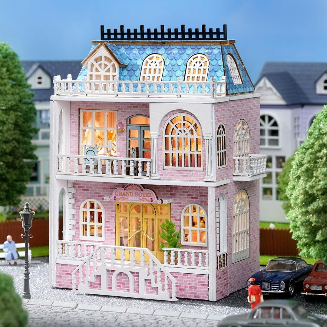 CUTEROOM Miniatur Haus, DIY Puppenhaus Set aus Holz, Mini Hausbau-Set mit Möbeln und LED Licht, Gebu