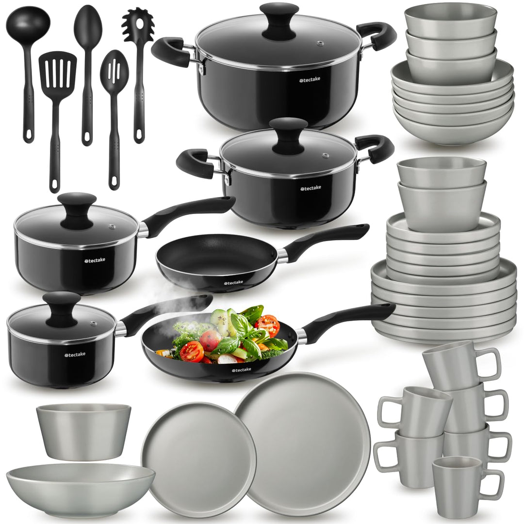 tectake® Küchenstarterset 6 Personen, Steingut Geschirr Set, Teller, 4 Töpfe 2 Pfannen rostfreies Al