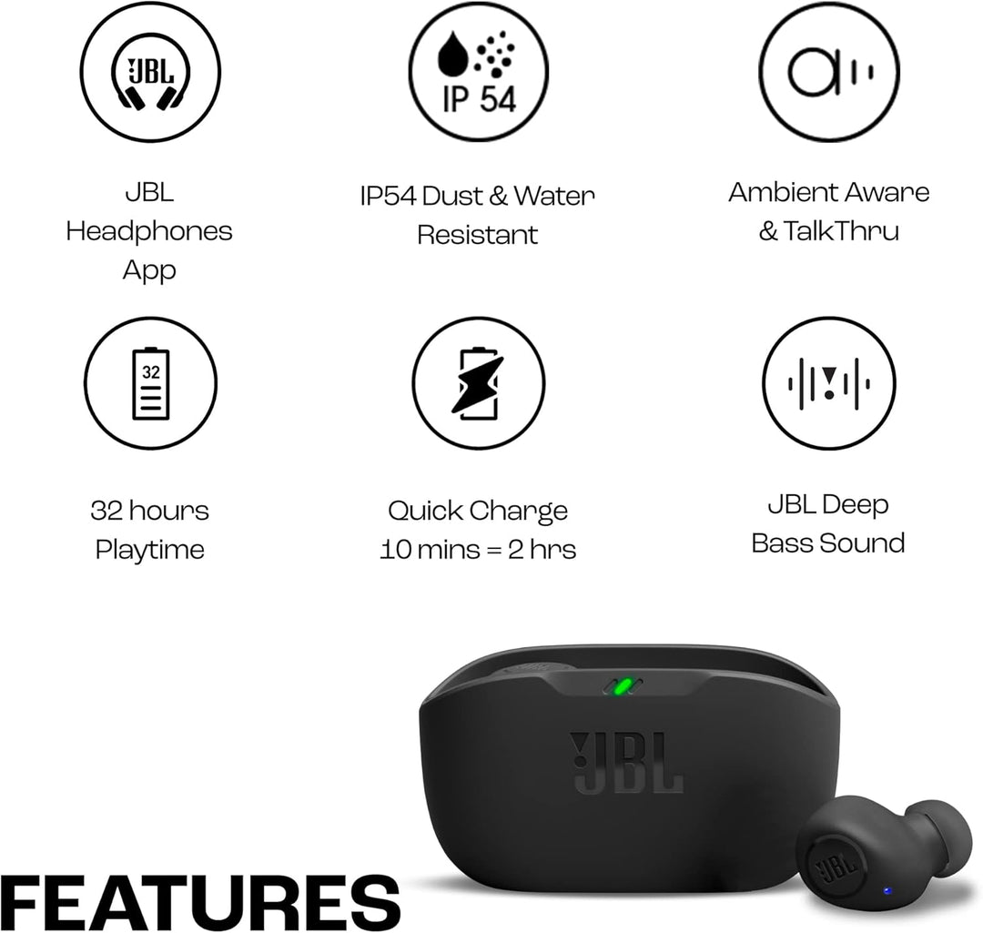 JBL Wave Buds – Kabellose In-Ear Ohrhörer mit IP54 und IPX2 Wasserdichtigkeit – Kraftvoller Bass und