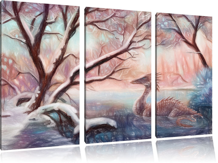 Pixxprint Drache im Wald als Leinwandbild/Grösse: 3 Teilig (120x80 cm) cm/Wandbild/Kunstdruck/fertig
