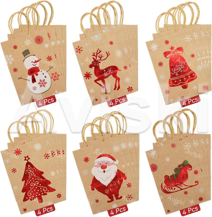 24 Stück Weihnachtskraft Geschenktüten Weihnachtspapiertüten mit Griffen Weihnachtstüten mit Weihnac