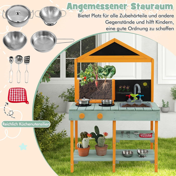 DREAMADE Matschküche Kinder Outdoor, Kinderküche Tannenholz, Spielküche mit Wasserhahn, Waschbecken,