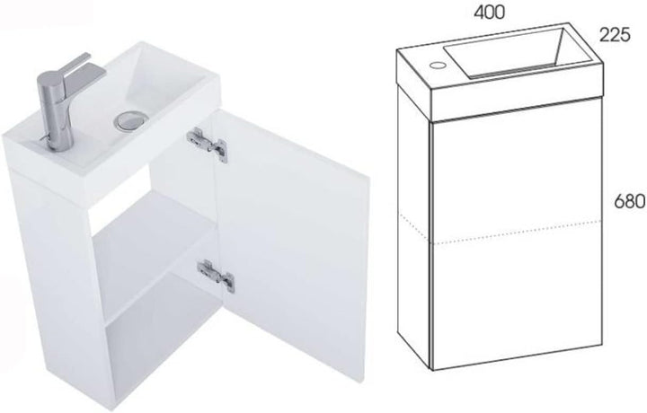 VBChome Badmöbel Set 40 cm Weiss Waschbecken mit Eiche Canela Hängeschrank Waschtisch 1-Türen Push t