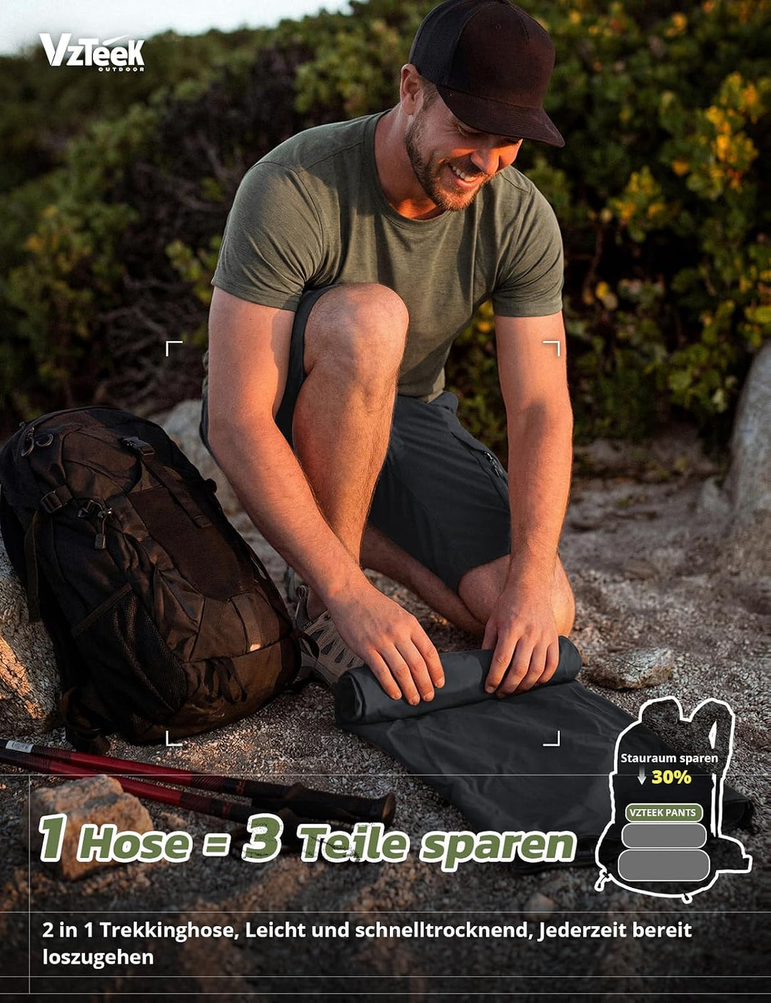 Vzteek Herren Wanderhose Zip Off Trekkinghose Outdoorhose Sommer Softshell Stretch Hose Kurz für Wan