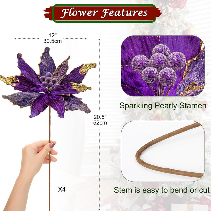 Briful 4 Stücke Weihnachtsstern Christbaumschmuck Kunstblumen Weihnachtsblumen Glitter Poinsettia Ku