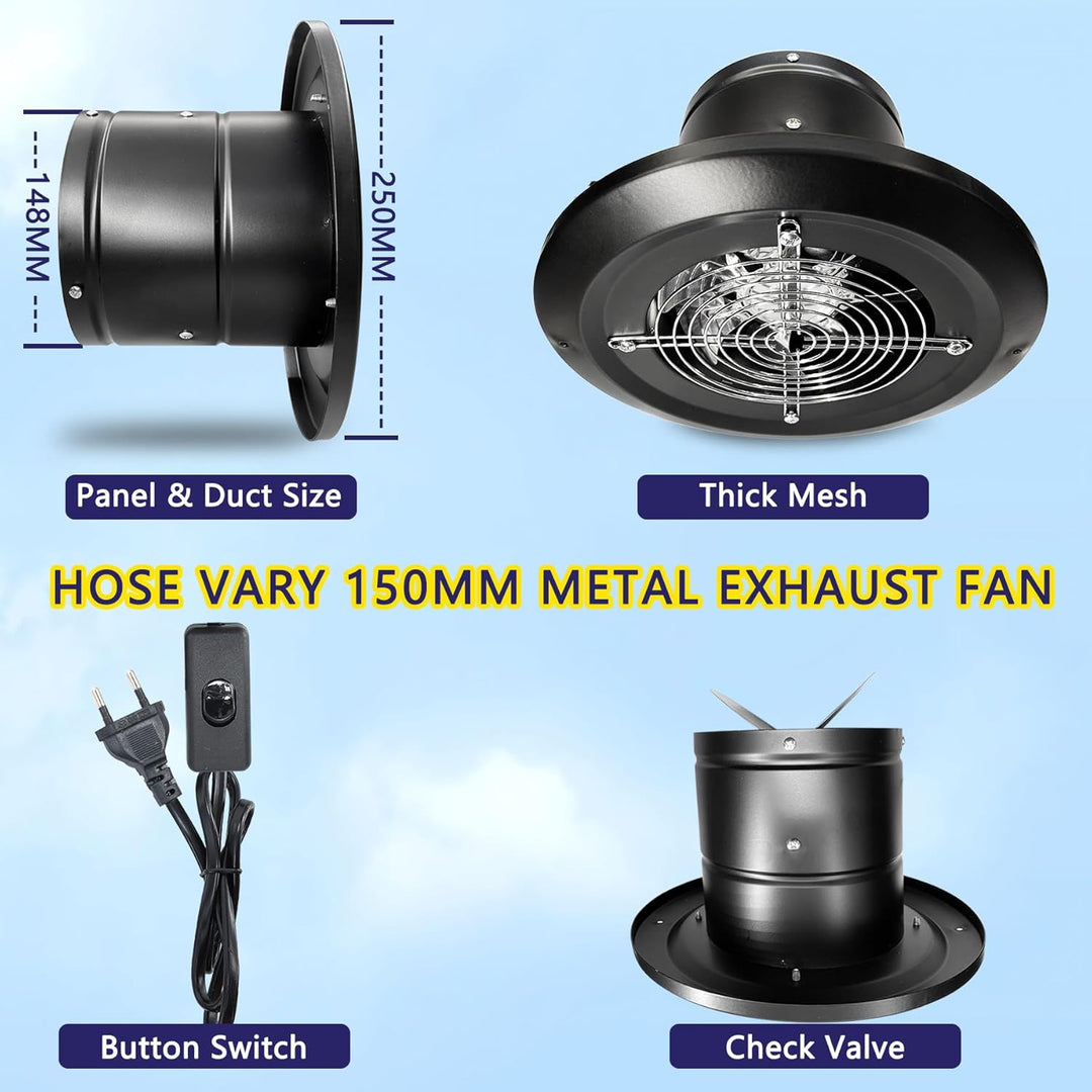 Rund Abluftventilator 150mm Badlüfter, Schwarz | 480m³/h, Rücklaufklappe Metall, Wandventilator, EU-