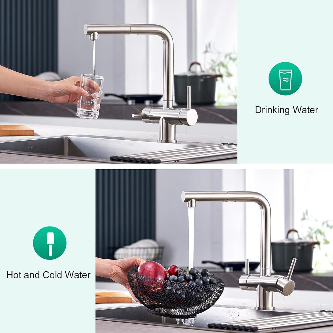 CREA 3 Wege Wasserhahn Küche mit Brause, 360° Drehbar Küchenarmatur, Drei Wege Mischbatterie für Was