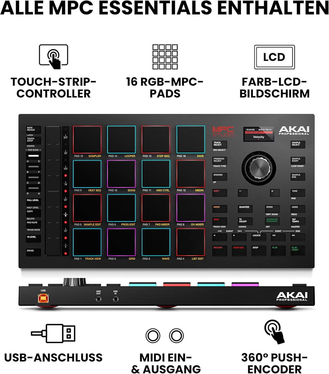 Akai Professional MPC Studio - MIDI-Controller Beat Maker mit 16 anschlagsdynamischen RGB Pads, MPC