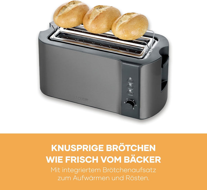Severin Automatik-Langschlitztoaster, Toaster mit Brötchenaufsatz, hochwertiger Edelstahl Toaster mi