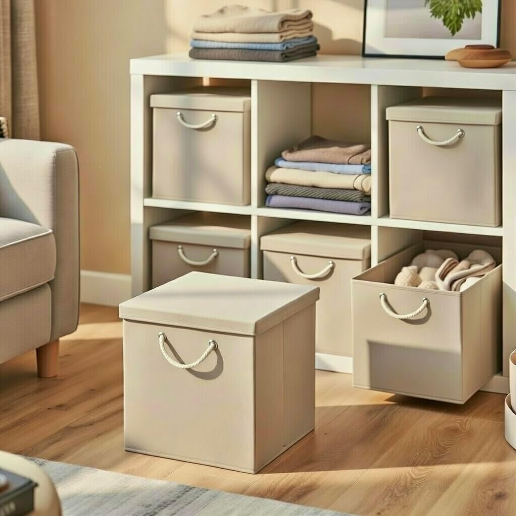 Stick&amp;Shine 4X Aufbewahrungs Korb Creme Faltbox 30 x 30 x 30 cm Regalkorb faltbar mit Kordel und mit
