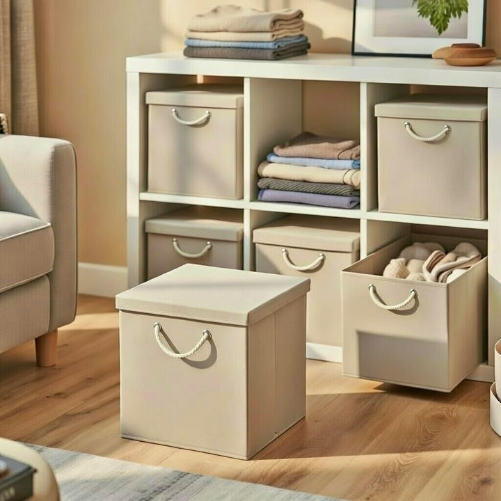 Stick&amp;Shine 4X Aufbewahrungs Korb Creme Faltbox 30 x 30 x 30 cm Regalkorb faltbar mit Kordel und mit