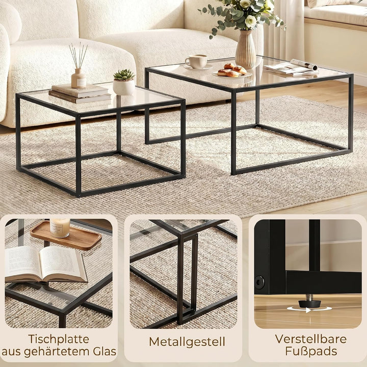 HOMCOM Couchtische 2er-Set Satztisch mit Gehärteter Glasplatte Schwarz
