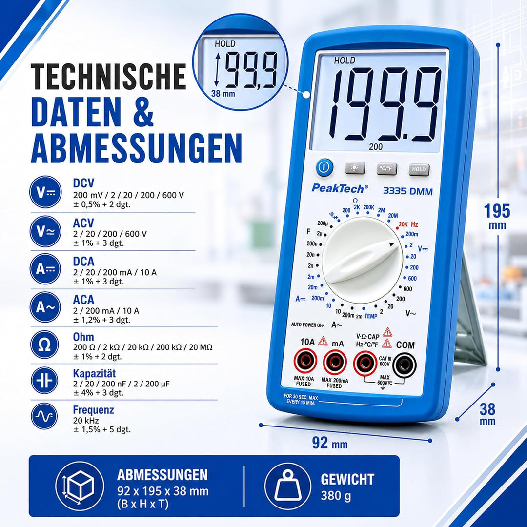 PeakTech Digitalmultimeter, 3 1/2 stellig Extra grosser LCD-Bildschirm - 2.000 Counts Single, Extra
