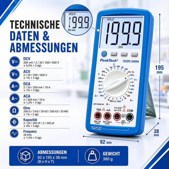 PeakTech Digitalmultimeter, 3 1/2 stellig Extra grosser LCD-Bildschirm - 2.000 Counts Single, Extra