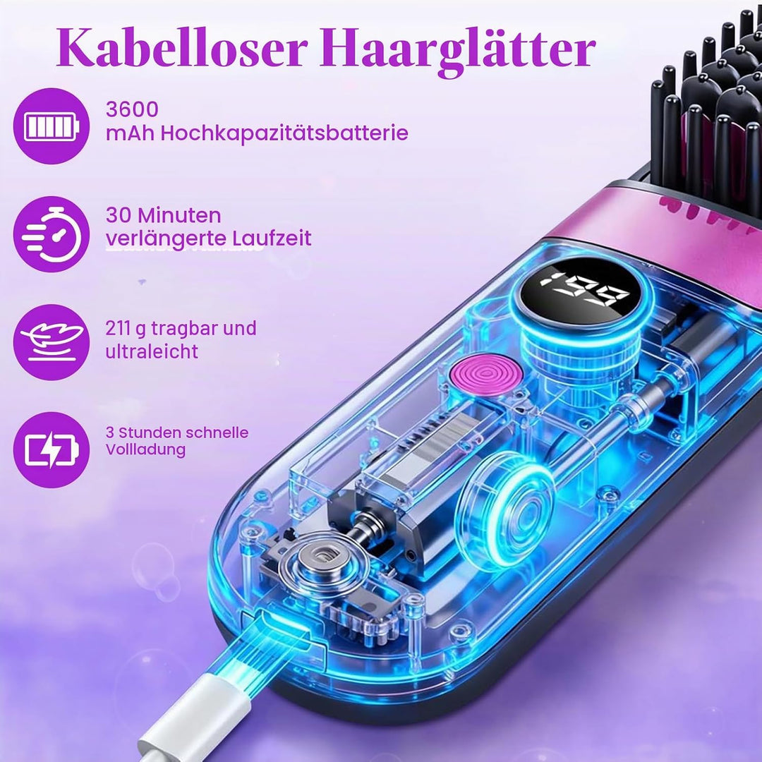 Glättbürste Kabellos, Damen Stylingbürste für Kurze Langes Haare, Haarglätter Bürste Kabellos Tragba
