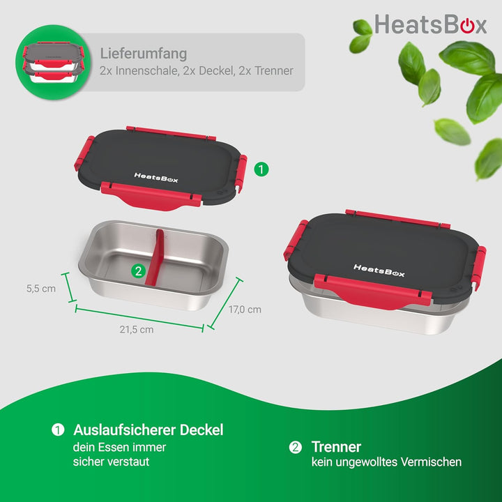 Inner Dish 2er Set, auslaufsichere Edelstahl-Schalen mit Trennsteg (925 ml), Transportdeckel, temper
