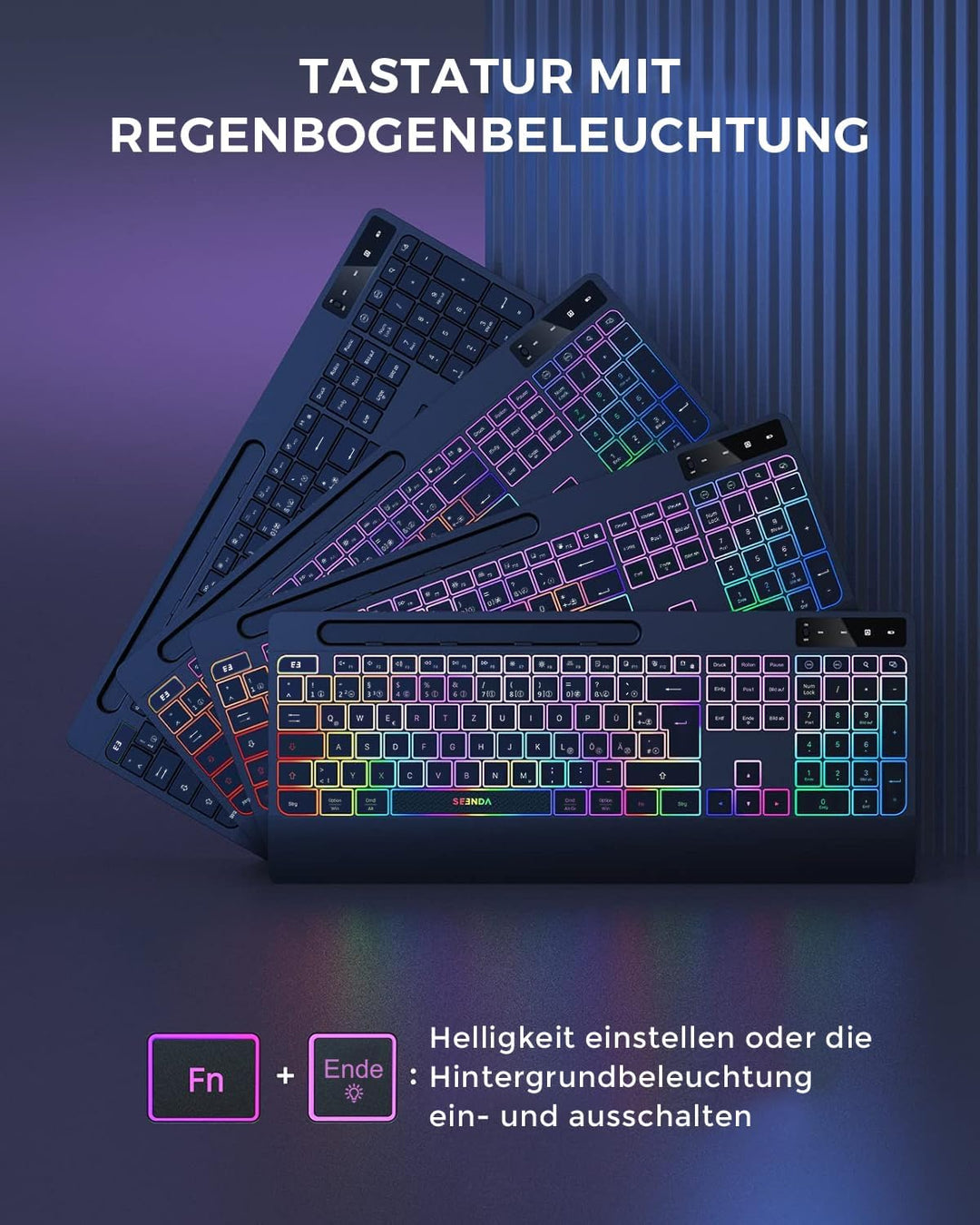 seenda JPX006 Tastatur Maus Set kabellos beleuchtet, wiederaufladbare USB &amp; Typ C Funktastatur mit M