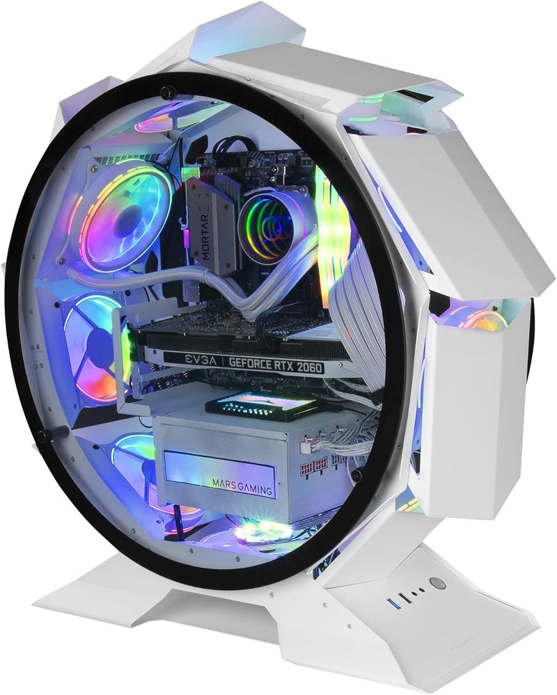 MarsGaming MCORB Weiss, Micro-ATX XL Gaming PC-Gehäuse, Custom Rundes Design, Gehärtetes Doppelglas,