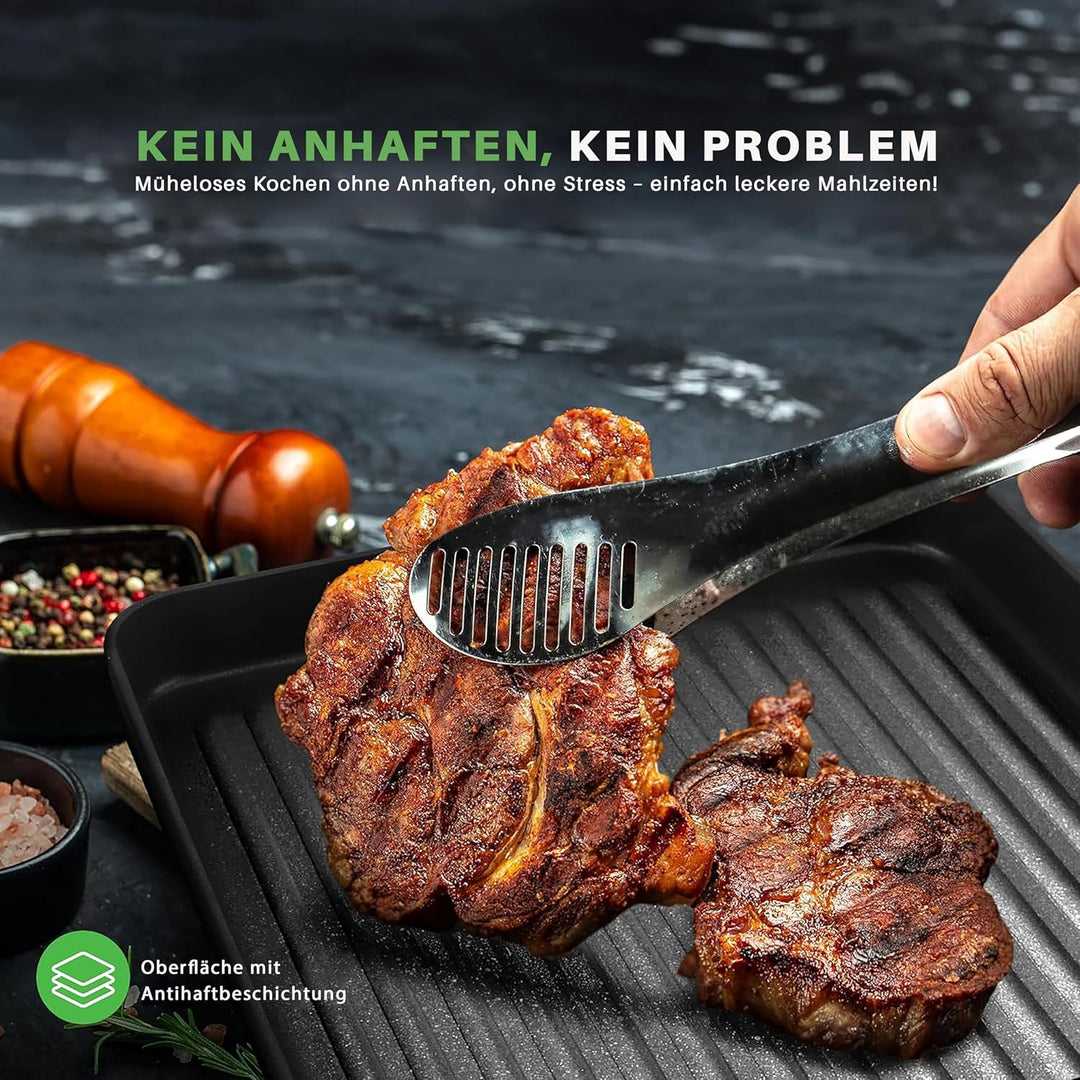 NutriChef Grillpfanne quadratische Gusseisenpfanne mit Antihaft-Rillenbeschichtung, 28 cm, Black