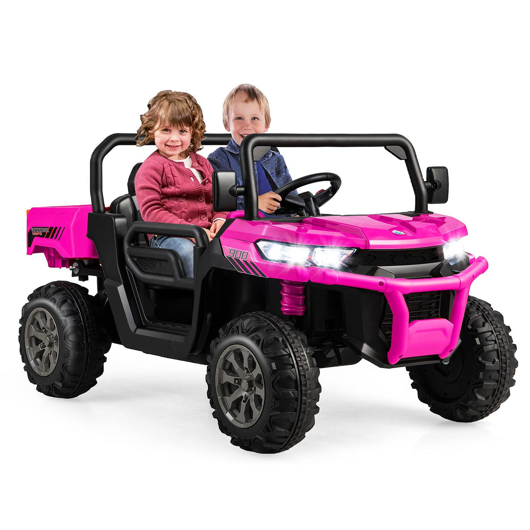 GOPLUS Kinder Elektroauto, 2-Sitzer Kinderauto mit Kippbett &amp; Schaufel, Fernbedienung, Musik, Schein