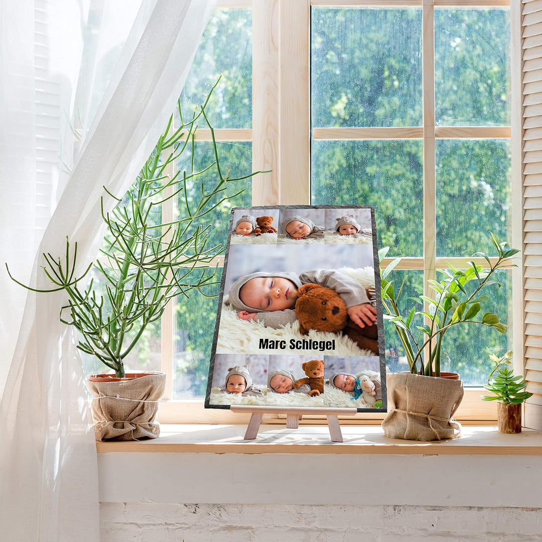 wandmotiv24 Schieferplatte mit eigenen Fotos zur Geburt, 20 x 30 cm, inklusive Staffelei, 7 Fotos +