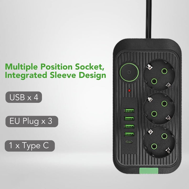 Überspannungsschutz, Europäische 10-A-2500-W-Steckdosenleiste mit 3 Steckdosen, 4 USB- und 1 Typ-C-A