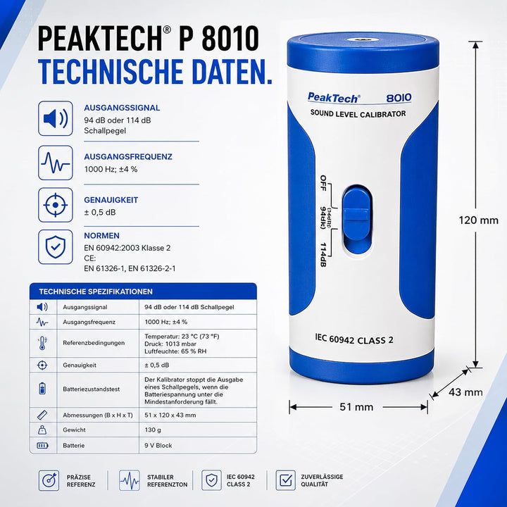 PeakTech 8010 - Schallpegelkalibrator, Decibel Kalibrator für Schallpegel Messgeräte, Einmessen nach