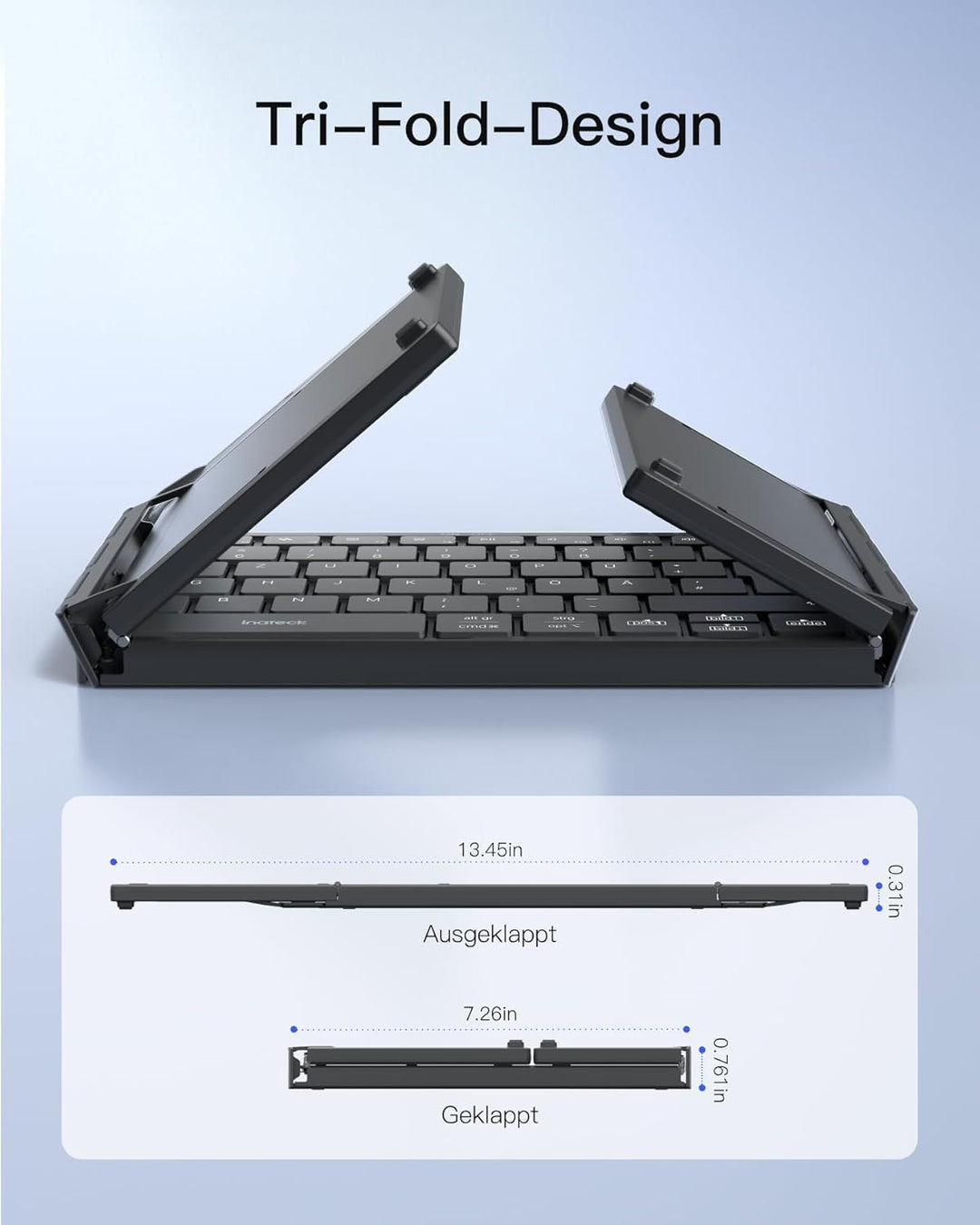 Inateck Faltbare Mini Tastatur, KI-Funktion mit Touchpad,3 Bluetooth-Kanälen, kompatibel mit iPadOS