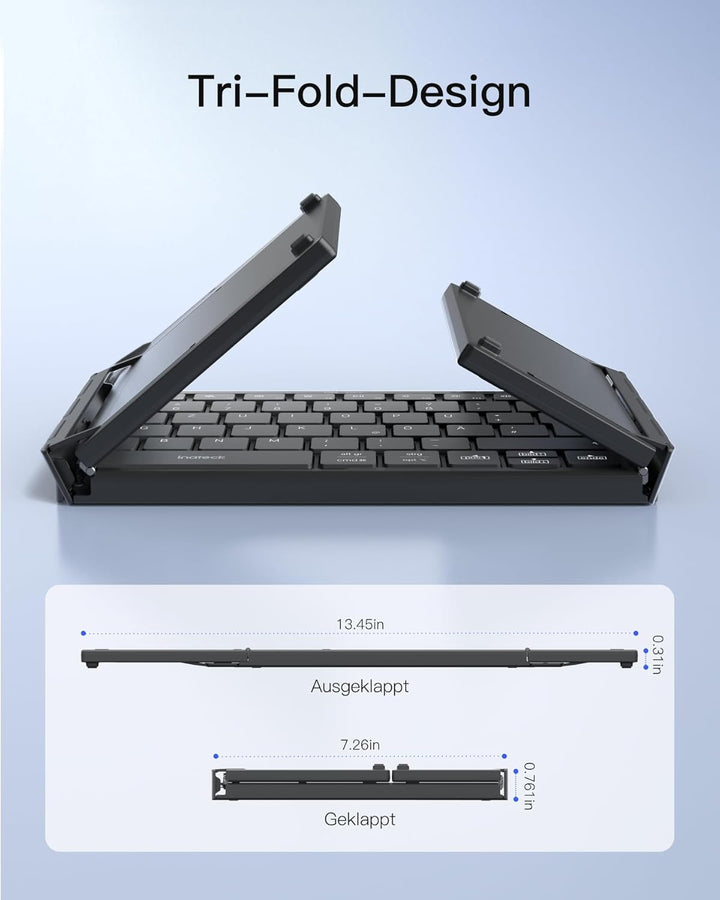 Inateck Faltbare Mini Tastatur, KI-Funktion mit Touchpad,3 Bluetooth-Kanälen, kompatibel mit iPadOS