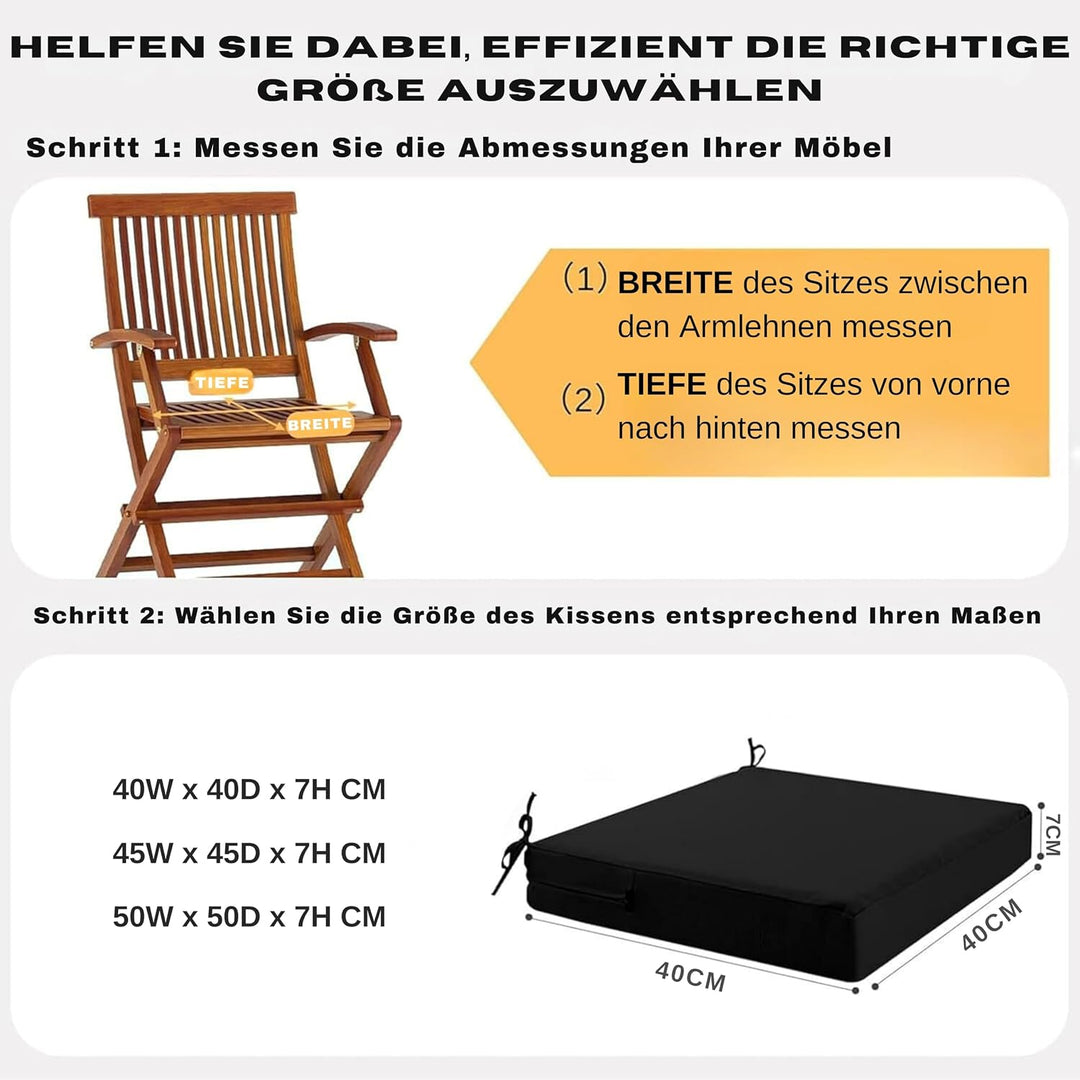 Outdoor Stuhlkissen 40x40, 2er Set mit Bändern, Graphitschwarz | Wasserdichtes Sitzkissen mit Weiche