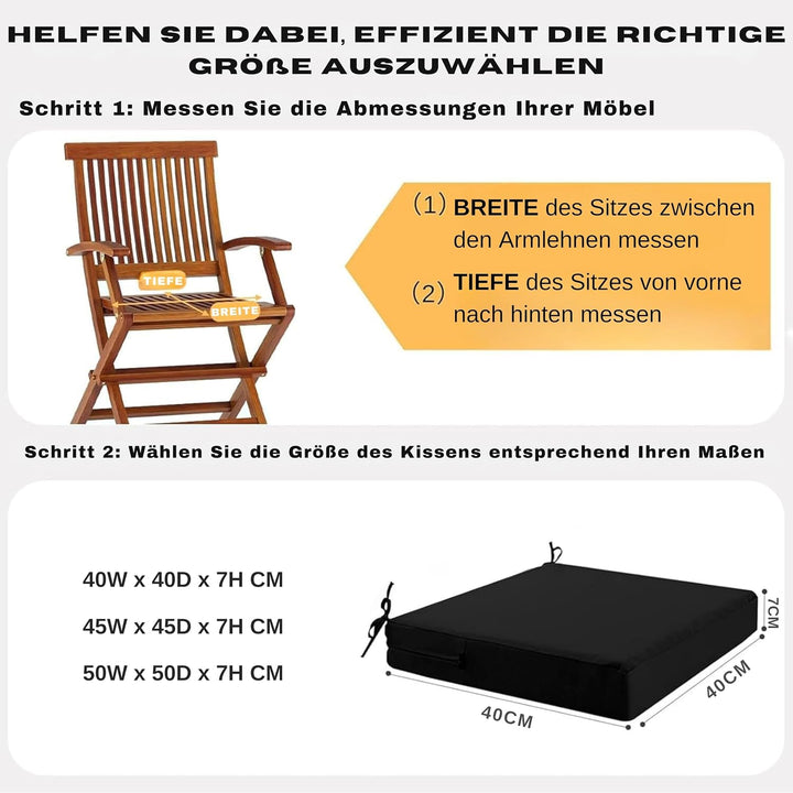 Outdoor Stuhlkissen 40x40, 2er Set mit Bändern, Graphitschwarz | Wasserdichtes Sitzkissen mit Weiche