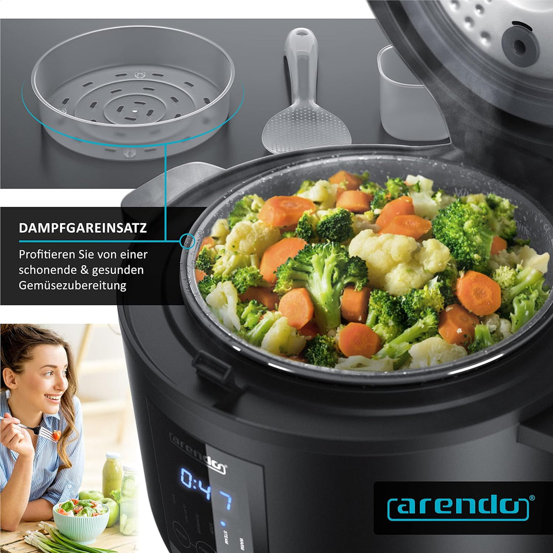 Arendo - Reiskocher 2l inkl. Dampfgarer-Einsatz (Warmhaltefunktion, antihaftbeschichteter Gartopf, R