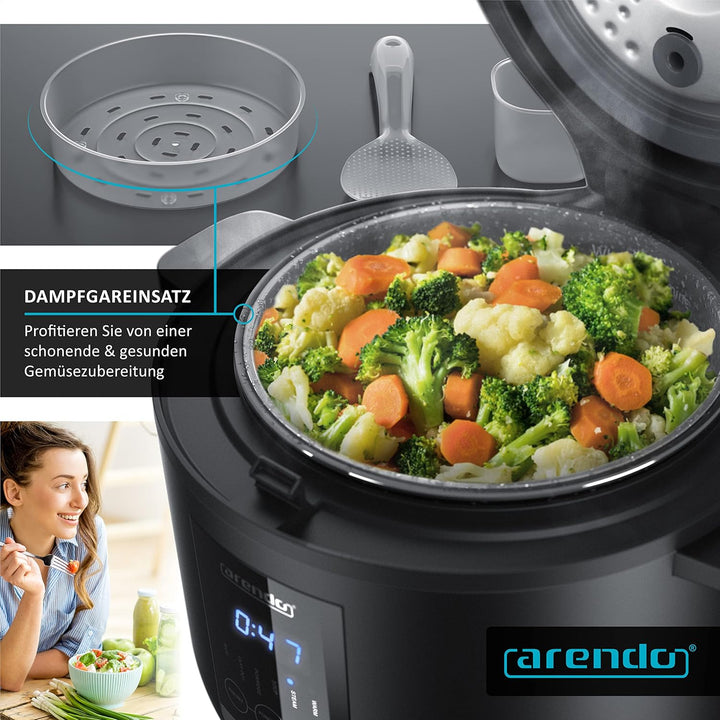 Arendo - Reiskocher 2l inkl. Dampfgarer-Einsatz (Warmhaltefunktion, antihaftbeschichteter Gartopf, R