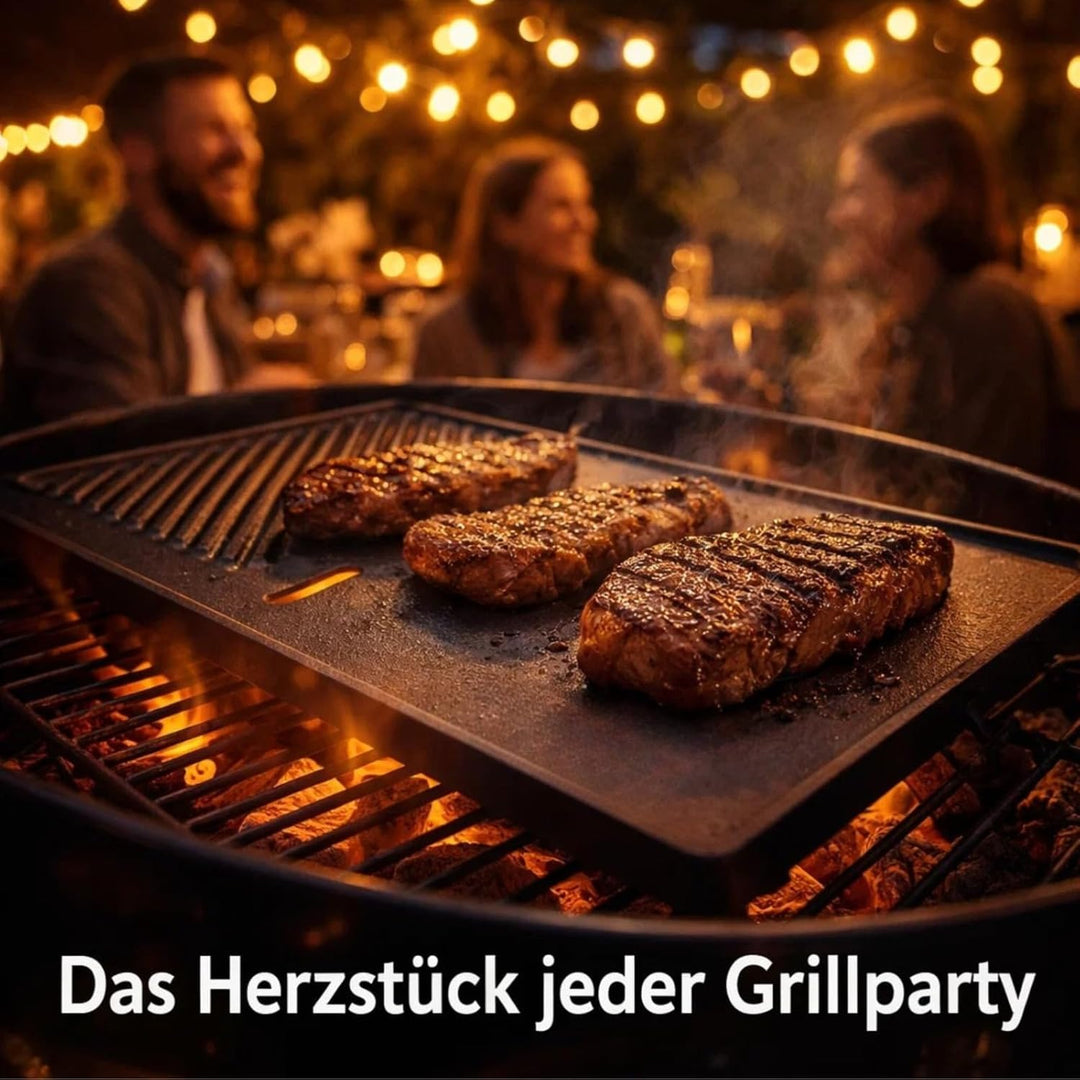 DRULINE- Grillplatte aus Gusseisen, geriffelt & glatt, Emaille-Beschichtung, beidseitig verwendbar,