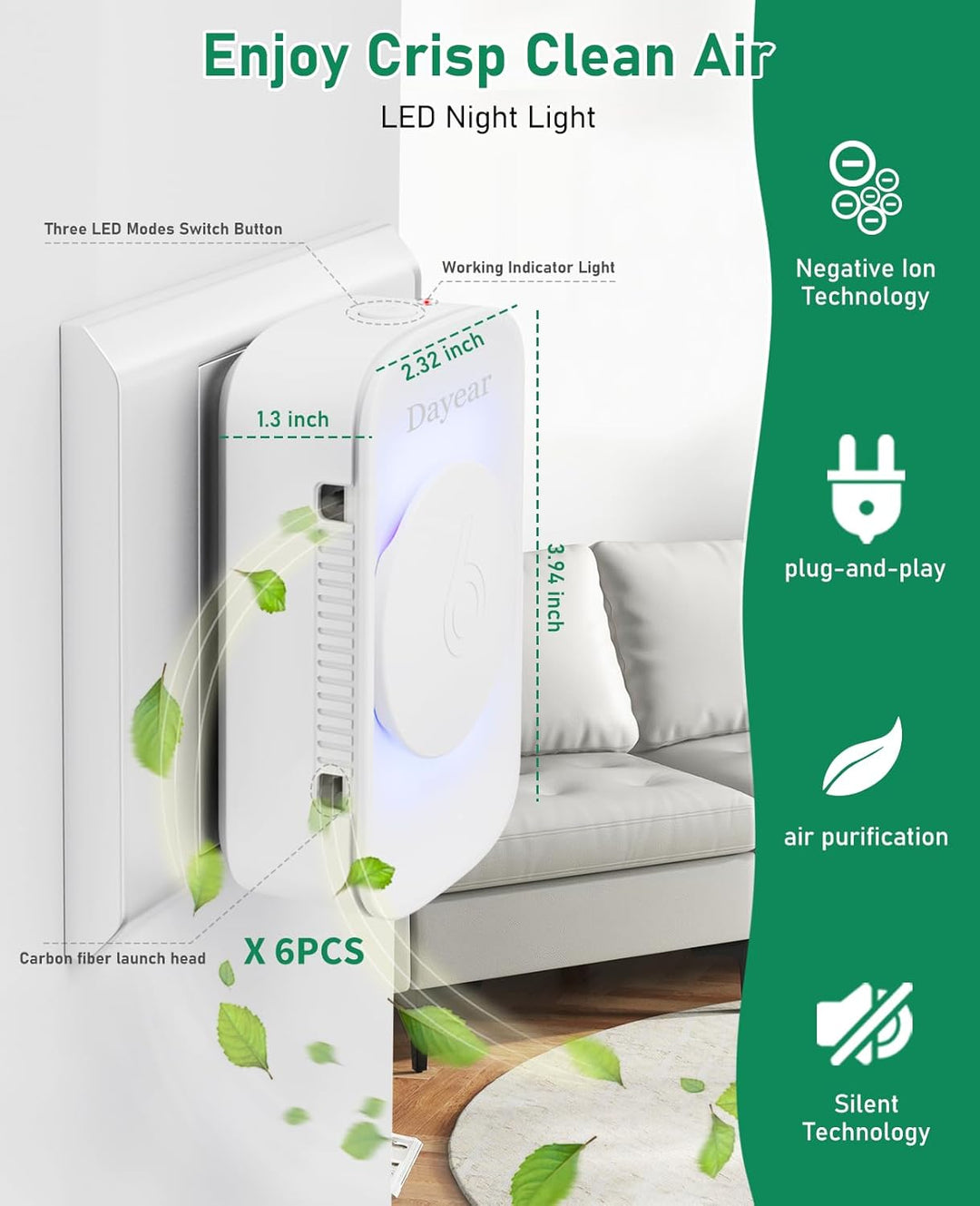 Luftreiniger, Air Purifier IonizerGenerator, Dayear Plug in Negativ Ionen Luftreiniger für Büro, Zim