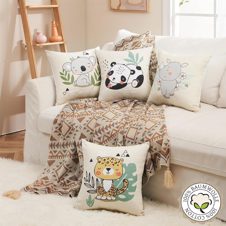 100% Hochwertige Baumwolle: Kinder Kissenbezüge 40x40 (4er Set) | Bezaubernde Tiermotive: Nashorn Le