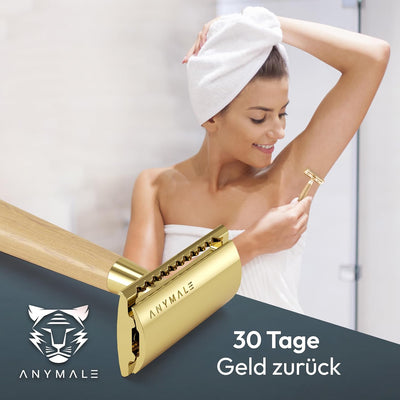 ANYMALE® Rasierhobel mit Griff aus Ahornholz - Set mit Ständer und 5 ASTRA Klingen - Plastikfreier D