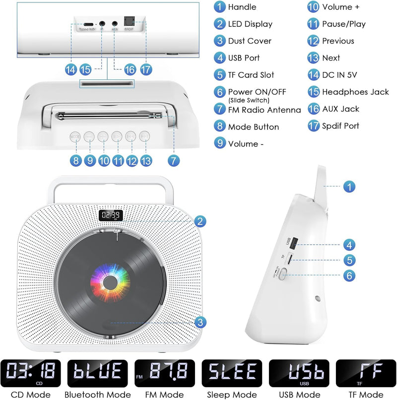 Gueray CD Player für Zuhause Bluetooth Desktop CD-Player mit Lautsprechern Kopfhöreranschluss FM Rad