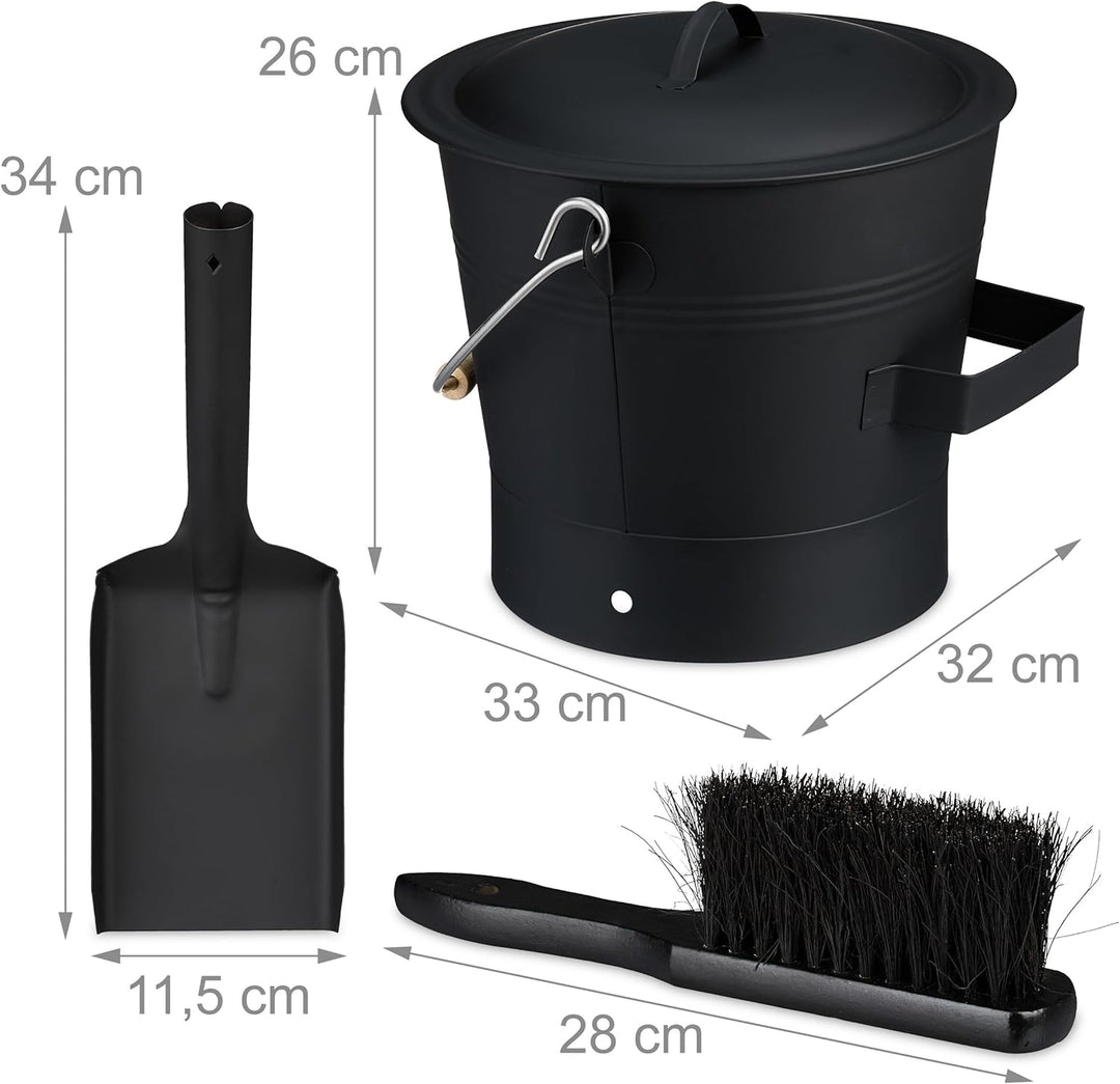Relaxdays Ascheeimer mit Deckel und Kehrset, 7,5 L, inkl. Aschebesen & Kaminschaufel, Aschebehälter