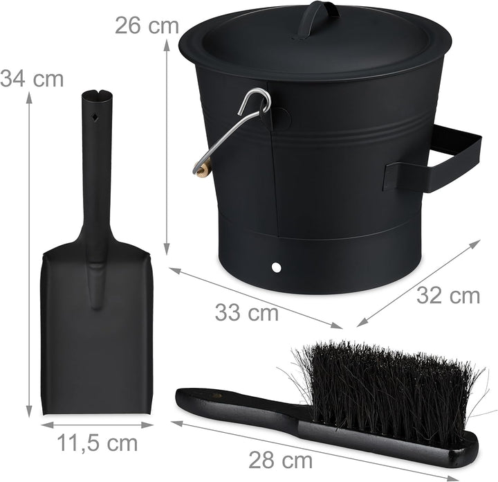 Relaxdays Ascheeimer mit Deckel und Kehrset, 7,5 L, inkl. Aschebesen & Kaminschaufel, Aschebehälter