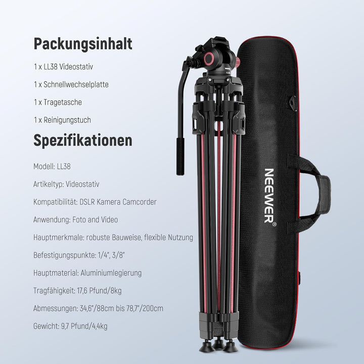 NEEWER LL38 79"/2m Video Kamerastativ mit Fluidkopf und Reinigungstuch, Robustes Metallstativ mit EI