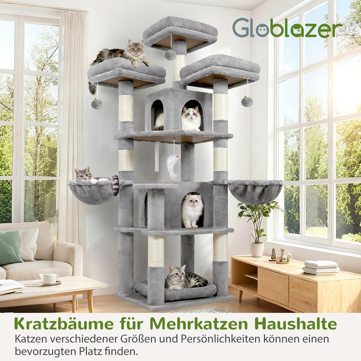 Globlazer Kratzbaum Stabil 174 cm mit 3 Gepolsterte Sitzstangen, 2 Katzenhaus, 2 Korb, Abnehmbares H