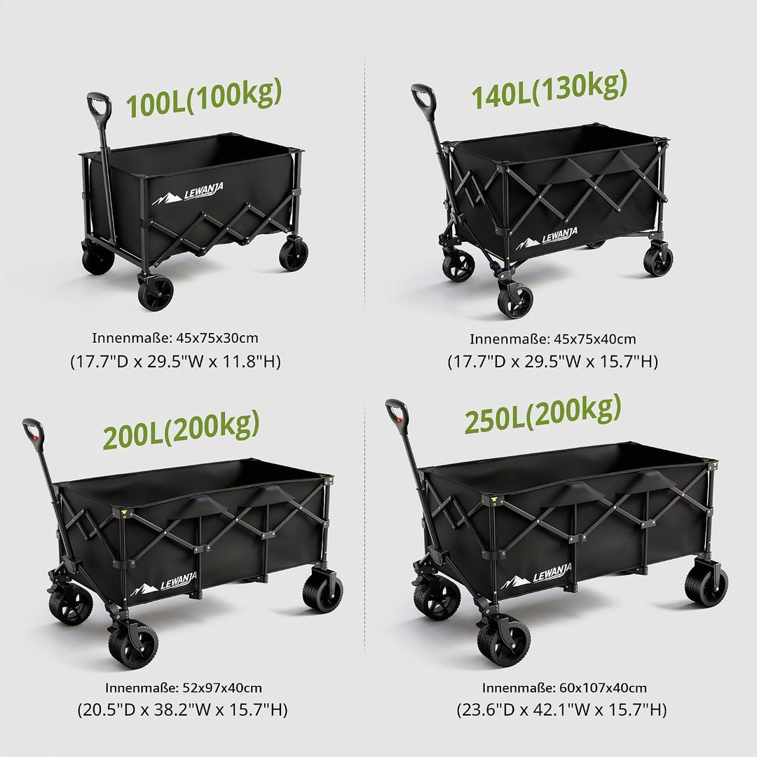 LEWANJA 250L Bollerwagen Faltbar, Robuster Handwagen mit 200kg Tragkraft, Breite Räder mit Bremse &amp;