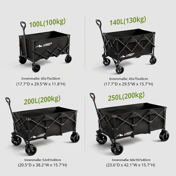 LEWANJA 250L Bollerwagen Faltbar, Robuster Handwagen mit 200kg Tragkraft, Breite Räder mit Bremse &amp;