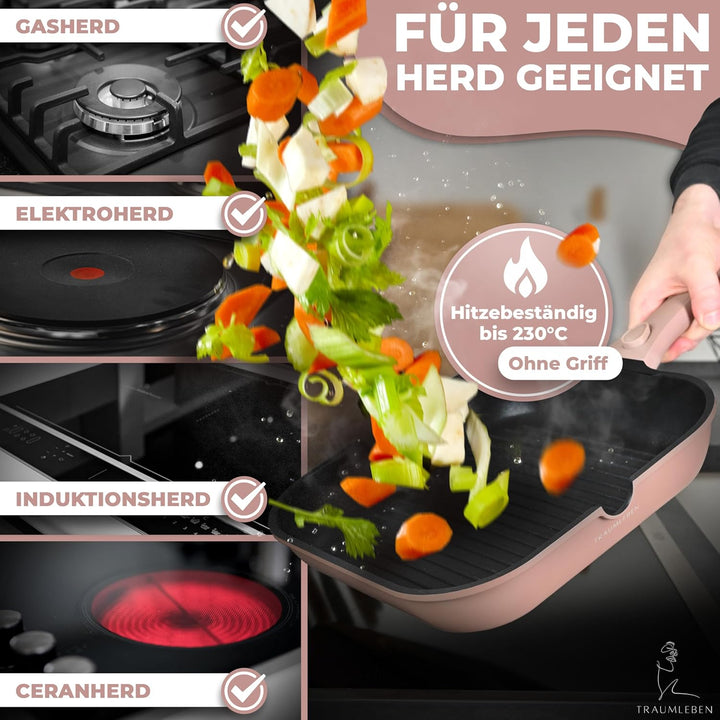 NEU Grillpfanne 28 cm mit Ausguss & abnehmbarem Griff, Antihaftbeschichtung, PFOA-frei, für Induktio
