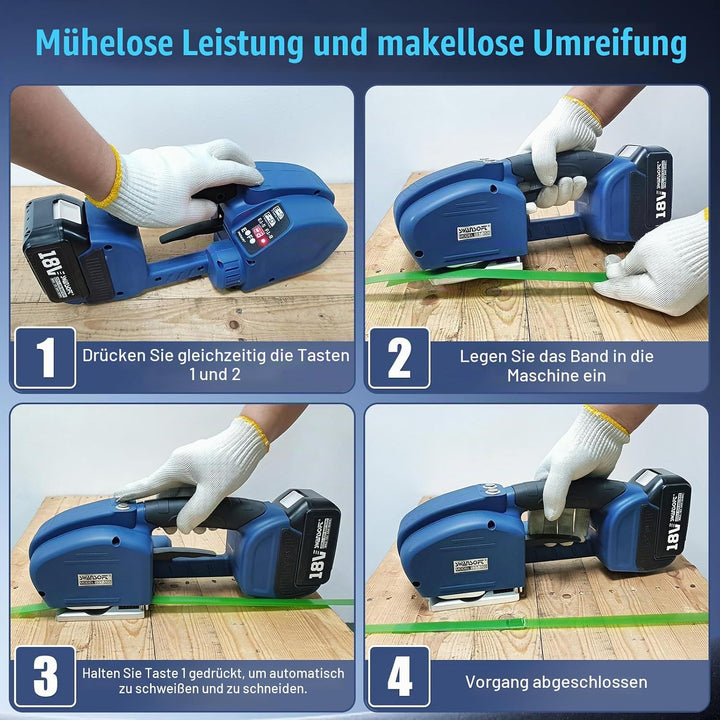 SWANSOFT Elektro-Umreifungsgerät für 14-16 mm PP-/PET-Band mit Digitaldisplay, 2 x 5000 mAh Akku, au
