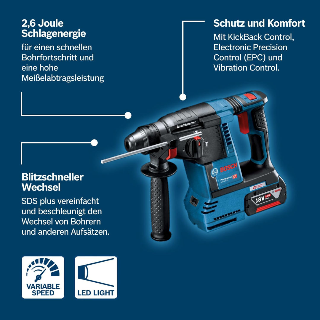 Bosch Professional 18V System Akku Bohrhammer GBH 18V-26 (SDS Plus, Schlagenergie: 2,6 Joule, Bohr-Ø