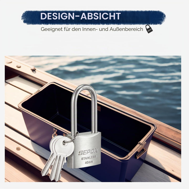 SEPOX® 40mm Edelstahl Vorhängeschloss mit Schlüssel für Aussenbereich, Wetterfestes, Schwerlastiges,